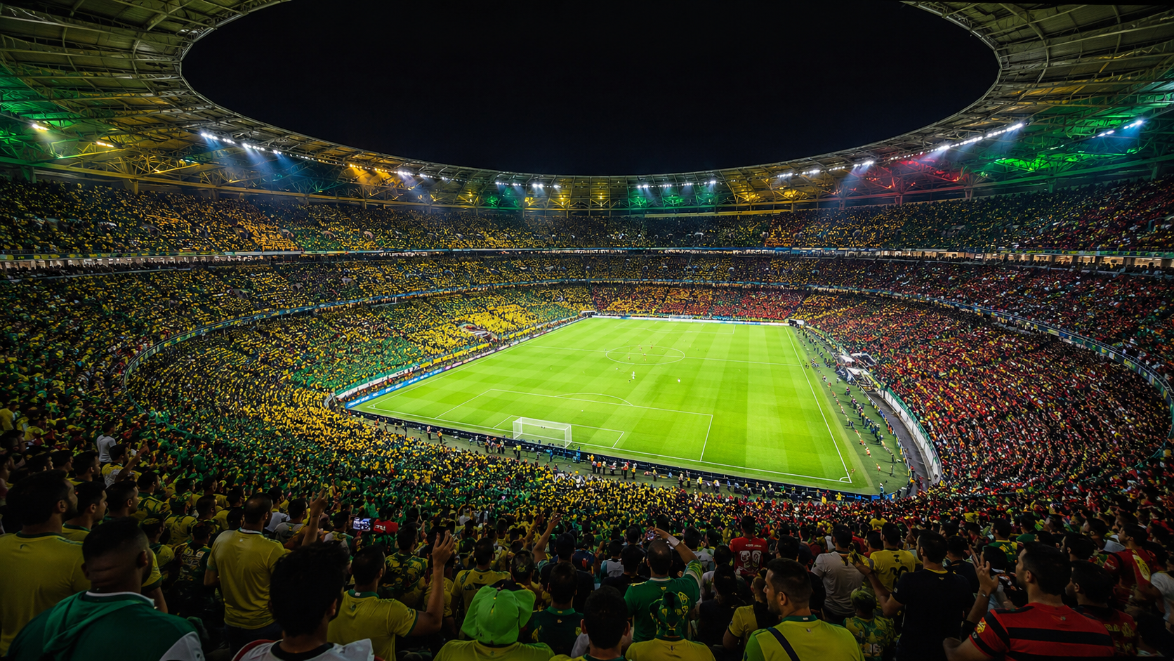 Estádio de futebol moderno completamente lotado durante uma partida noturna, com gramado verde impecável iluminado por refletores intensos. As arquibancadas exibem uma multidão vibrante com tons de verde, amarelo e vermelho, criando uma atmosfera épica de um grande torneio mundial. Vista panorâmica em formato widescreen, destacando a grandiosidade do evento e a emoção da torcida, sem qualquer texto, logotipo ou elemento gráfico visível.