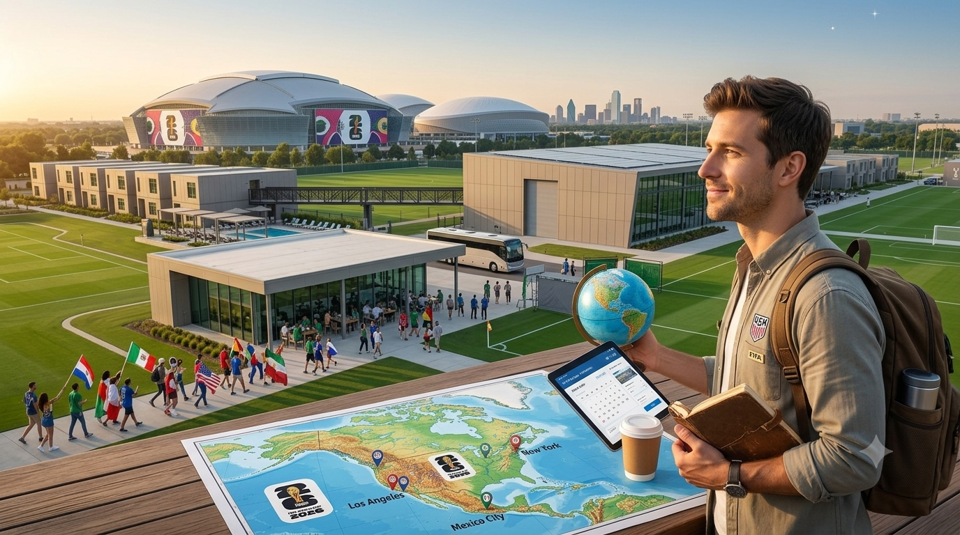alt="Viajante com mochila analisa mapa da América do Norte e tablet com calendário, ilustrando como planejar uma viagem para a Copa do Mundo 2026."