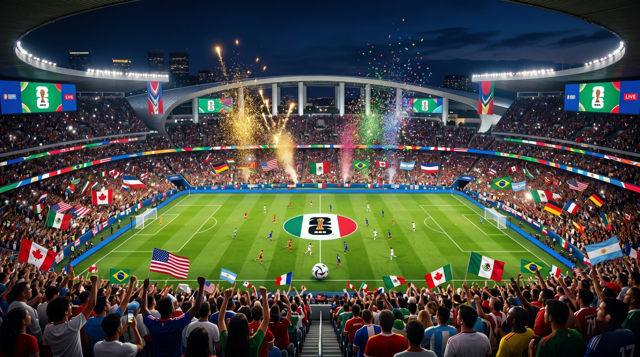 Vista vibrante e profissional de um estádio lotado durante um jogo da Copa do Mundo 2026, ideal para ilustrar o custo de assistir aos jogos no local.