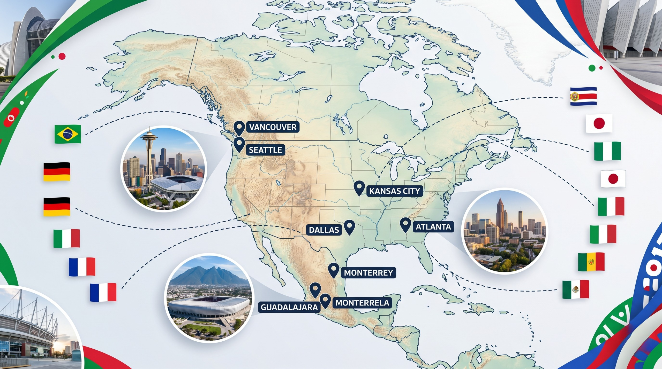 "Um banner de blog profissional com um mapa da América do Norte destacando cidades-sede menos conhecidas da Copa do Mundo de 2026, como Vancouver, Seattle e Guadalajara, com bandeiras de seleções internacionais convergindo para esses locais. Vistas da cidade e estádios são integradas em um design moderno e colorido, sem texto."