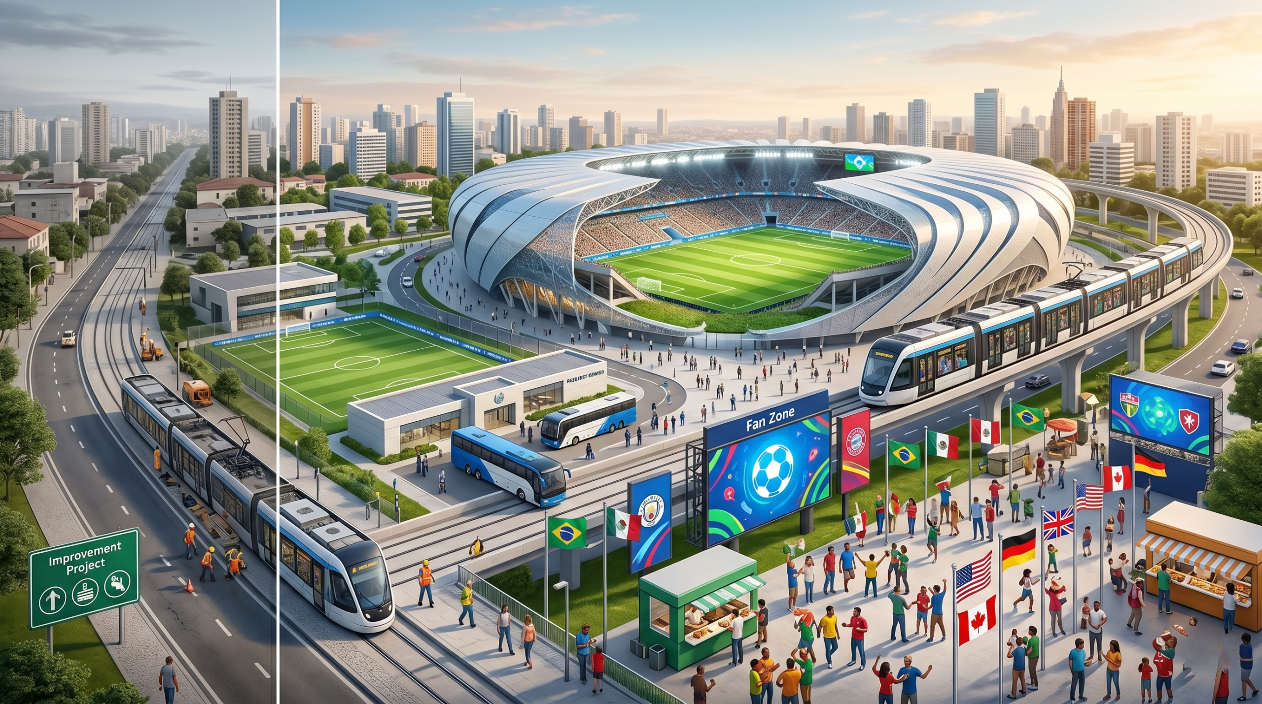 Um banner horizontal profissional para blog ilustrando a preparação das cidades-base para a Copa do Mundo 2026. A imagem mostra a transição de obras para uma cidade vibrante com estádio, transporte eficiente e torcedores celebrando, sem texto.