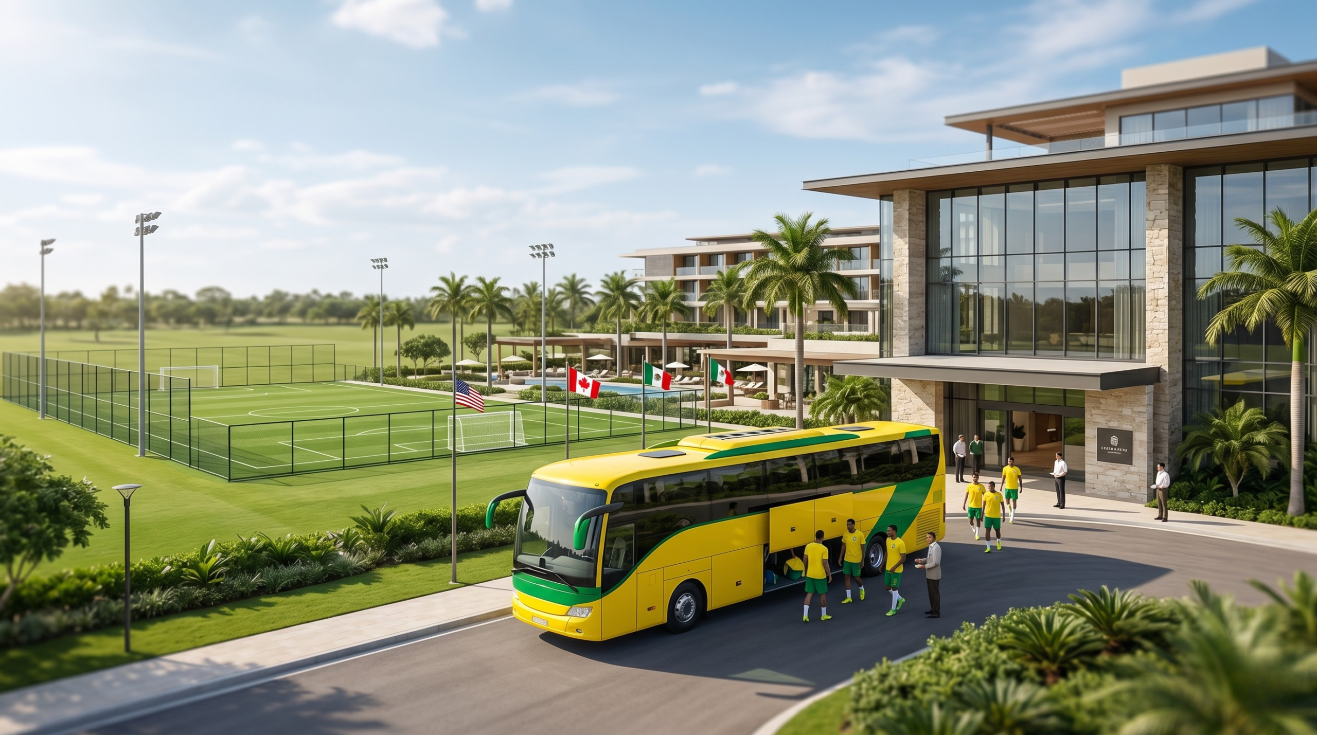 Um banner profissional mostrando a base da Seleção Brasileira na Copa de 2026, com um ônibus amarelo e verde parado em frente a um hotel de luxo e campo de treinamento, ilustrando onde a equipe ficará hospedada no Mundial.