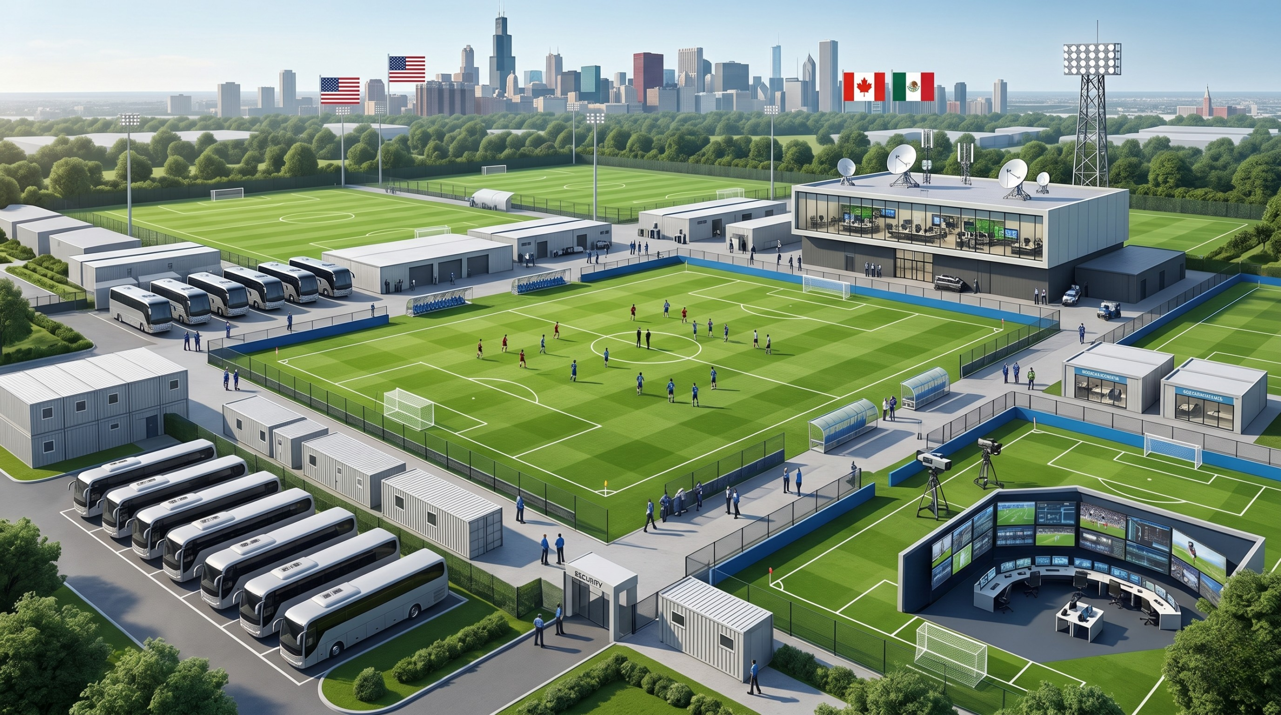 "Uma visão aérea profissional de um moderno complexo esportivo da FIFA durante a Copa do Mundo de 2026, com campos de futebol impecáveis, logística, ônibus da equipe e uma cidade anfitriã genérica ao fundo, ilustrando como funciona um centro de treinamento de alta qualidade para equipes internacionais."
