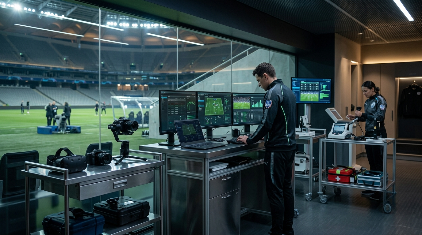 Profissões curiosas que existem dentro de uma seleção de futebol são representadas por analista de desempenho monitorando dados táticos em tablet nos bastidores da Copa do Mundo FIFA 2026.