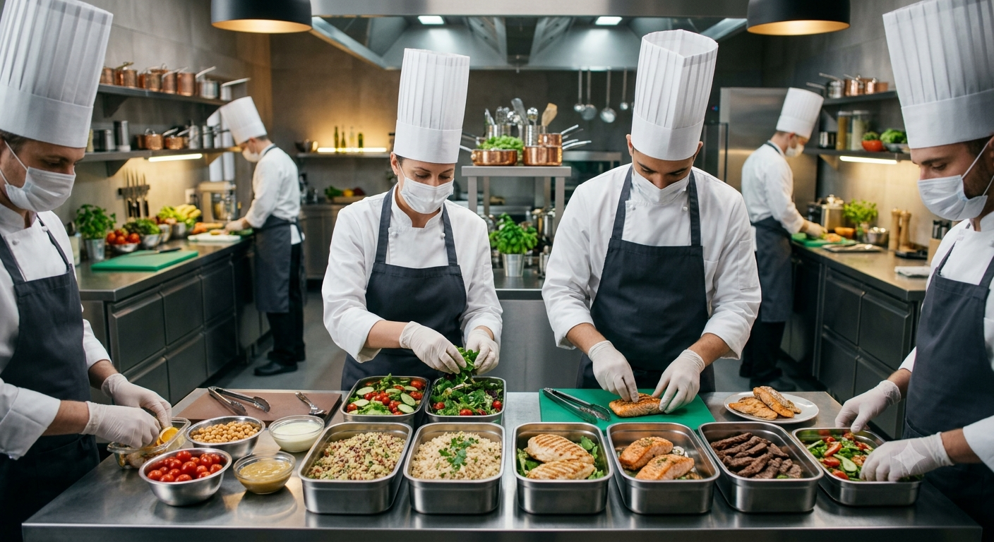 Cozinheiros das Seleções na Copa 2026 preparando alimentos balanceados em uma cozinha profissional de alta performance.