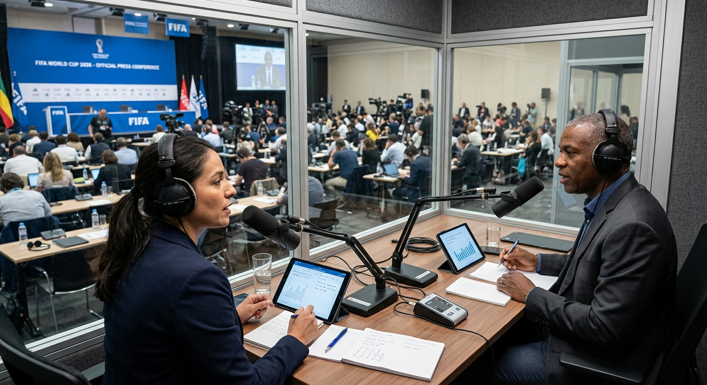 Tradutores das Seleções na Copa 2026 realizando serviços de interpretação simultânea em uma conferência oficial da FIFA.